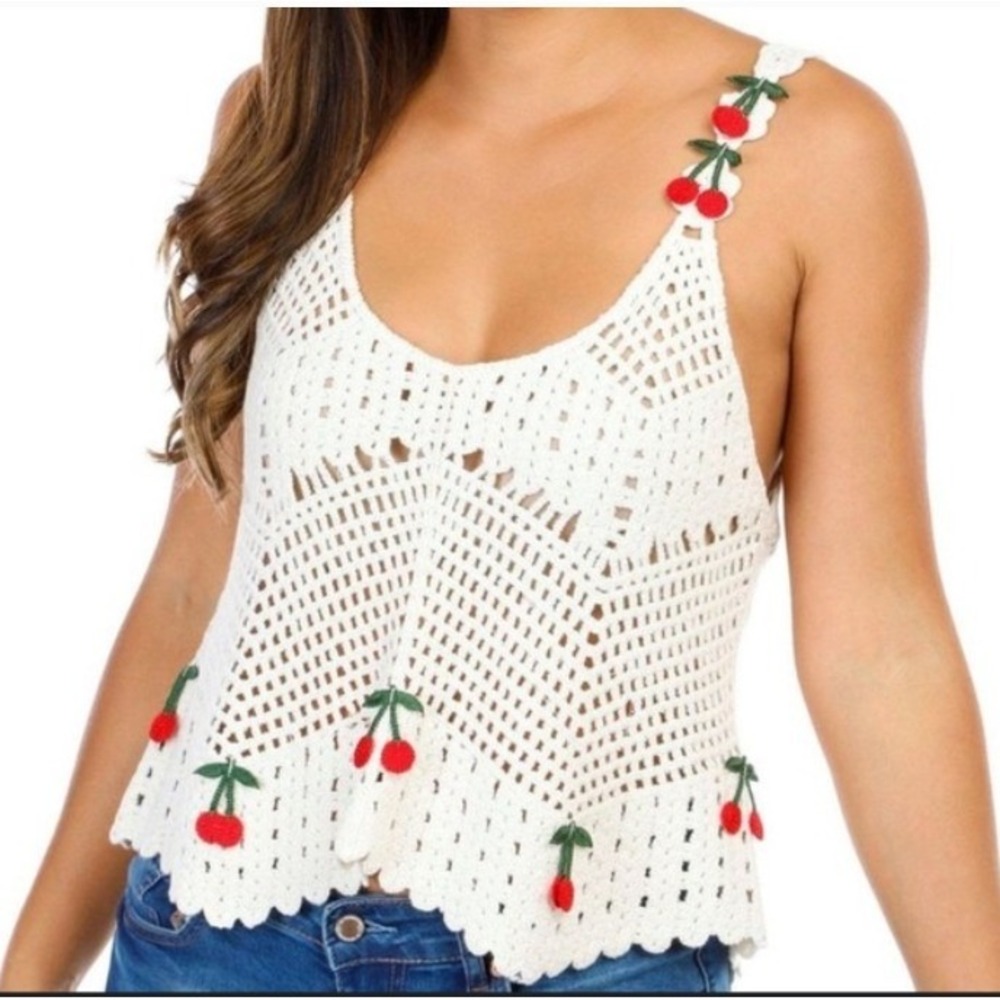 Rebellion Ivory Crochet Crop‎ Tank Top Cherry Appliques Boho Coquette Festival S